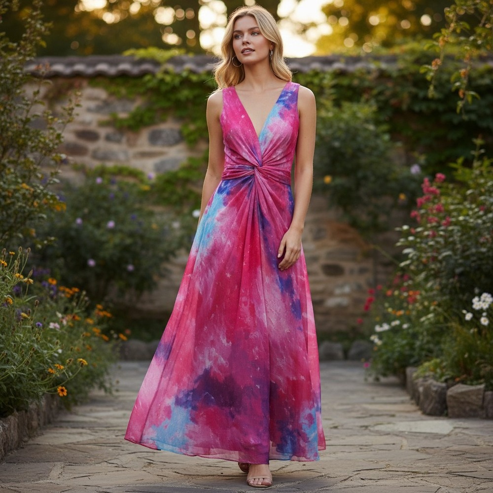 Hope & Ivy Maxi Dress Womens 8 Pink Watercolor V-Neck Formal Gown NWT $156